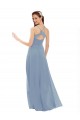 Bleu poussiéreux Trapèze Bretelles spaghetti Col V Mousseline Dentelle Longue Robes demoiselle d'honneur