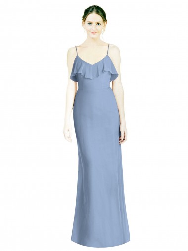 Bleu poussiéreux Trapèze Bretelles spaghetti Col V Mousseline Longue Robes demoiselle d'honneur