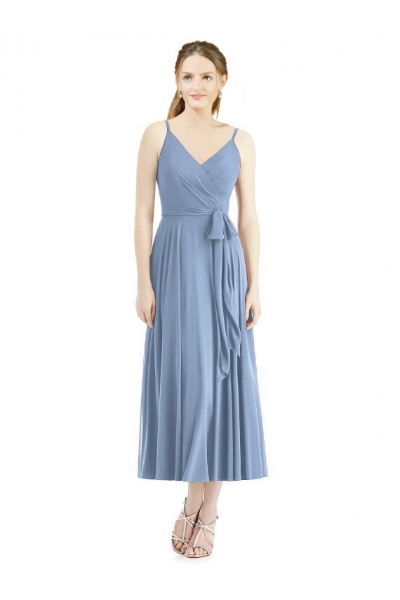 Bleu poussiéreux Trapèze Bretelles spaghetti Mousseline Courte Robes demoiselle d'honneur