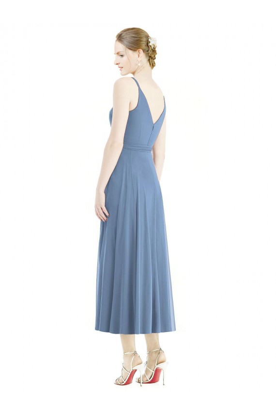 Bleu poussiéreux Trapèze Bretelles spaghetti Mousseline Courte Robes demoiselle d'honneur