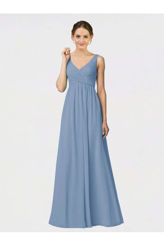 Bleu poussiéreux Trapèze Bretelles spaghetti Mousseline Longue Robes demoiselle d'honneur