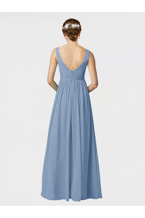 Bleu poussiéreux Trapèze Bretelles spaghetti Mousseline Longue Robes demoiselle d'honneur