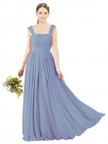 Bleu poussiéreux Trapèze Col Carré Mousseline Longue Robes demoiselle d'honneur