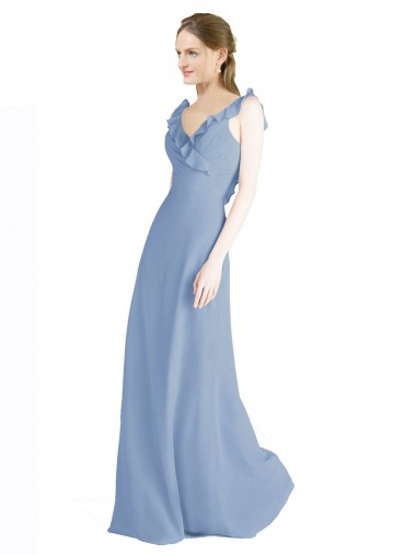 Bleu poussiéreux Trapèze Col V Mousseline Longue Robes demoiselle d'honneur
