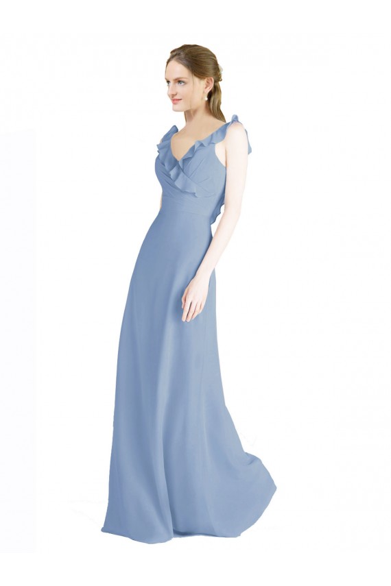 Bleu poussiéreux Trapèze Col V Mousseline Longue Robes demoiselle d'honneur