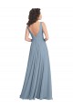 Bleu poussiéreux Trapèze Col V Mousseline Longue Robes demoiselle d'honneur