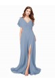 Bleu poussiéreux Trapèze Col V Mousseline Longue Robes demoiselle d'honneur / Robes de bal