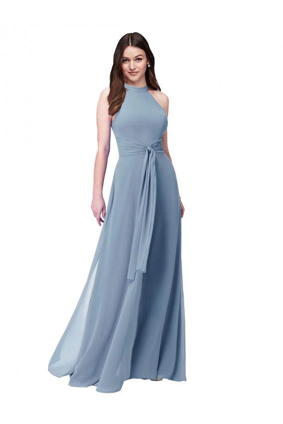 Bleu poussiéreux Trapèze Licou Col Haut Mousseline Longue Robes demoiselle d'honneur