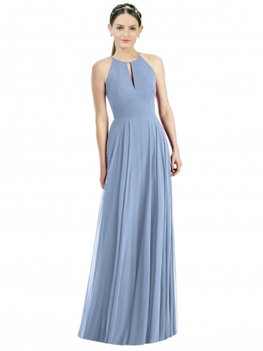 Bleu poussiéreux Trapèze Licou Mousseline Longue Robes demoiselle d'honneur