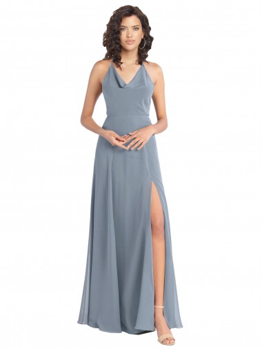 Bleu poussiéreux Trapèze Licou Mousseline Longue Robes demoiselle d'honneur