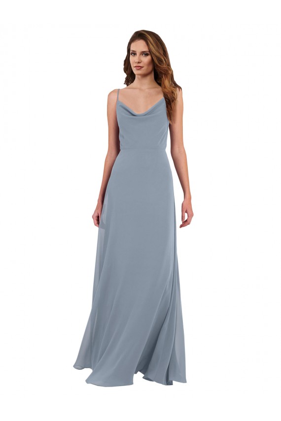 Bleu poussiéreux Trapèze Mousseline Longue Robes demoiselle d'honneur