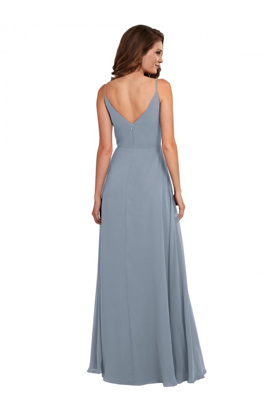 Bleu poussiéreux Trapèze Mousseline Longue Robes demoiselle d'honneur