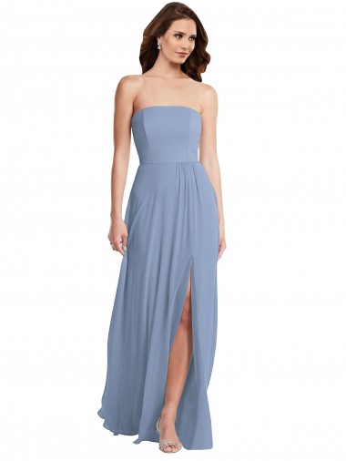 Bleu poussiéreux Trapèze Sans bretelle Mousseline Longue Robes demoiselle d'honneur