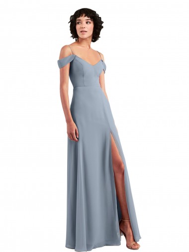 Bleu poussiéreux Trapèze Épaule Dénudée Bretelles spaghetti Mousseline Longue Robes demoiselle d'honneur