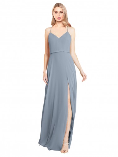 Bleu poussiéreux Trapèze Épaule Dénudée Bretelles spaghetti Mousseline Longue Robes demoiselle d'honneur