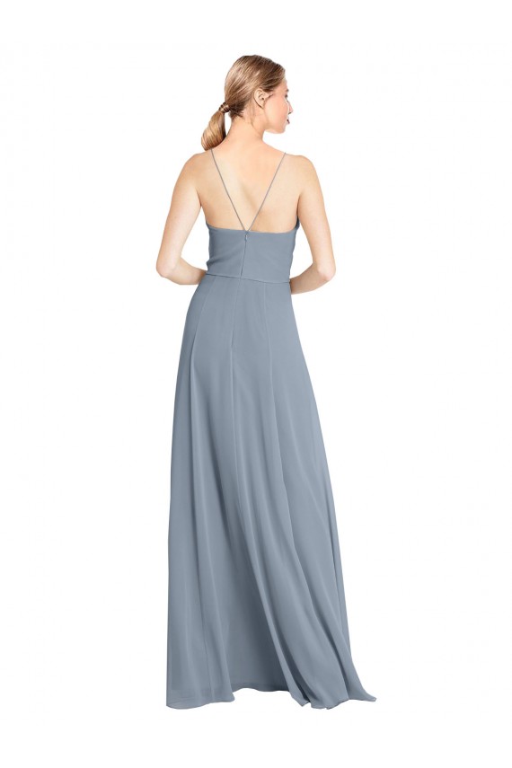 Bleu poussiéreux Trapèze Épaule Dénudée Bretelles spaghetti Mousseline Longue Robes demoiselle d'honneur