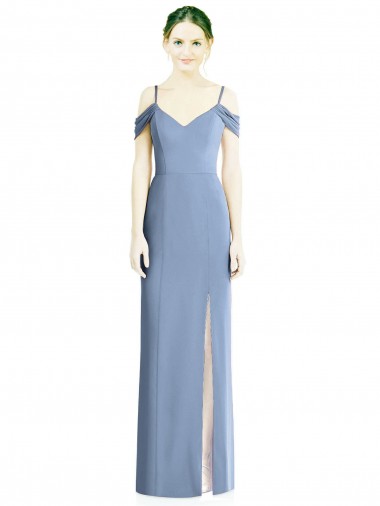 Bleu poussiéreux Trapèze Épaule Dénudée Mousseline Longue Formelles Robes demoiselle d'honneur / Robes de soirée