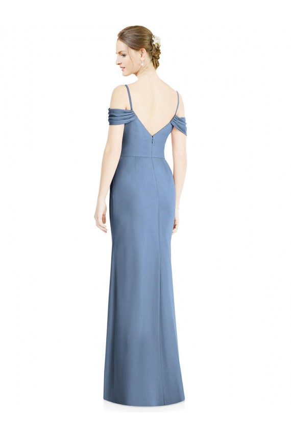 Bleu poussiéreux Trapèze Épaule Dénudée Mousseline Longue Formelles Robes demoiselle d'honneur / Robes de soirée