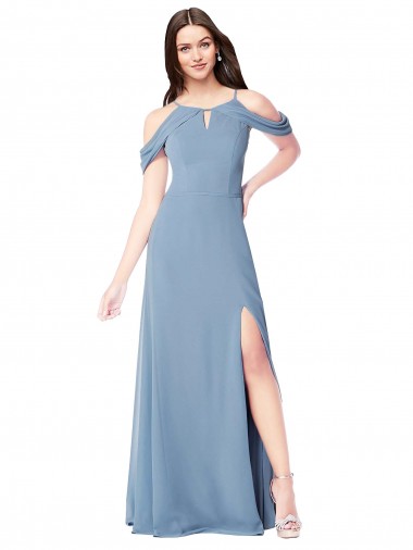Bleu poussiéreux Trapèze Épaule Dénudée Mousseline Longue Robes demoiselle d'honneur