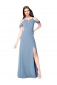 Bleu poussiéreux Trapèze Épaule Dénudée Mousseline Longue Robes demoiselle d'honneur