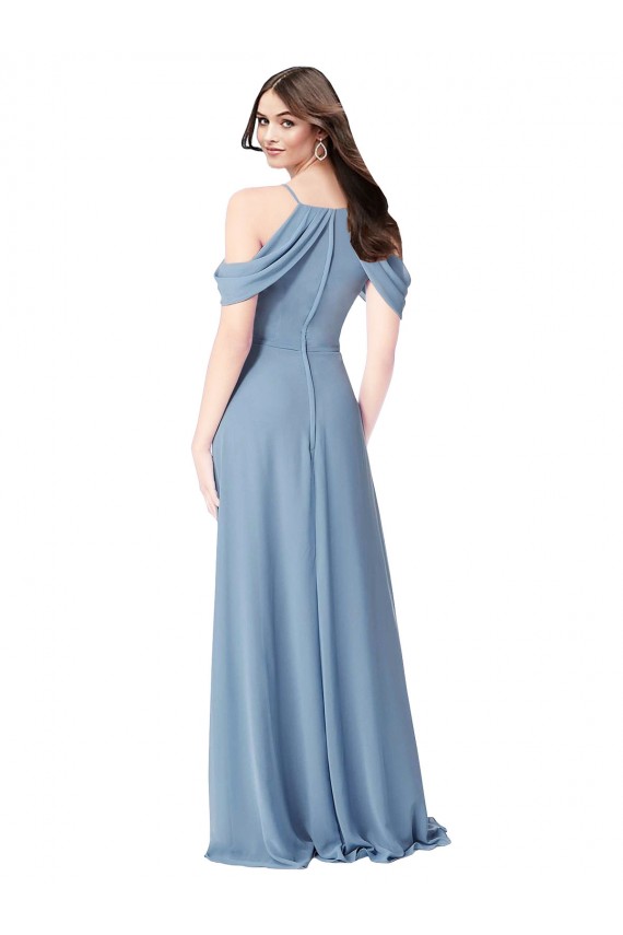 Bleu poussiéreux Trapèze Épaule Dénudée Mousseline Longue Robes demoiselle d'honneur