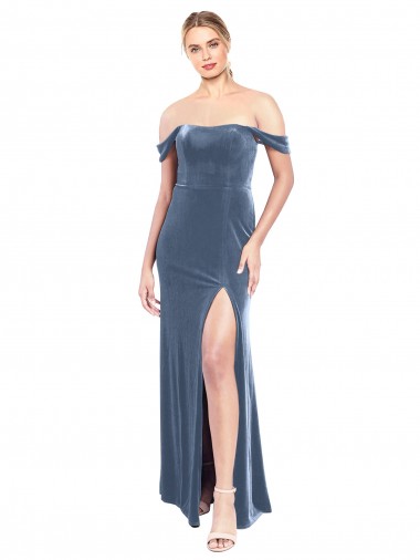 Bleu poussiéreux Trapèze Épaule Dénudée Sans bretelle Velours Stretch Longue Robes demoiselle d'honneur / Robes de bal