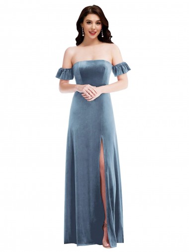 Bleu poussiéreux Trapèze Épaule Dénudée Velours Stretch Longue Robes demoiselle d'honneur / Robes de bal