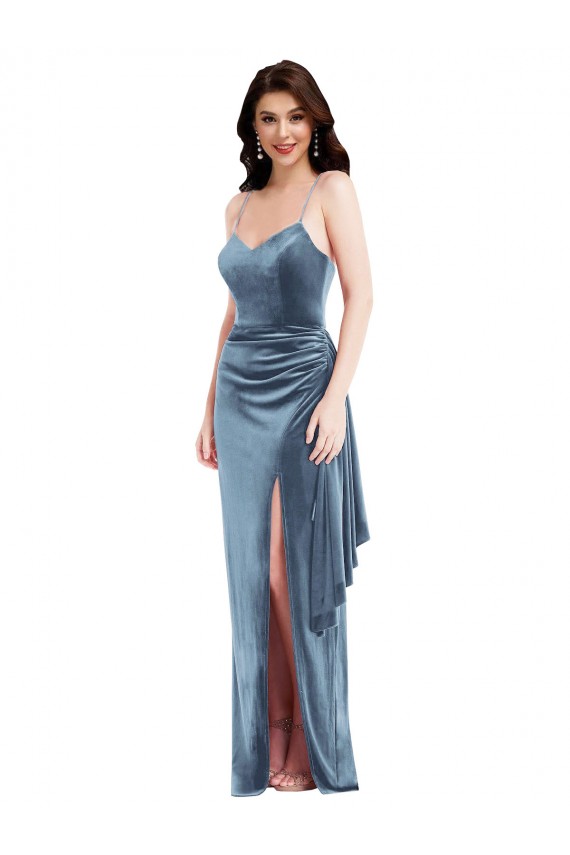 Bleu poussiéreux Trompette Bretelles spaghetti Velours Stretch Longue Formelles Robes demoiselle d'honneur / Robes de soirée / Robes de bal