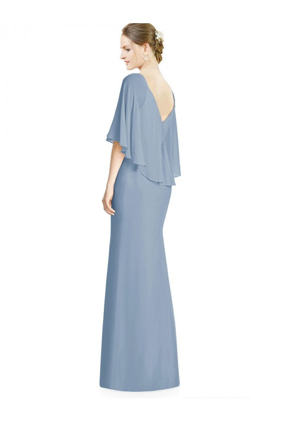 Bleu poussiéreux Trompette Col V Mousseline Longue Robes demoiselle d'honneur