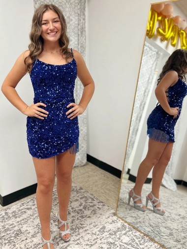 Bleu roi Fourreau Bretelles spaghetti Courte Paillettes Velours Courte Robes de bal