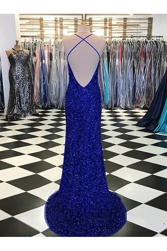 Bleu roi Fourreau Col V Balayage train Paillettes Velours Longue Robes de bal