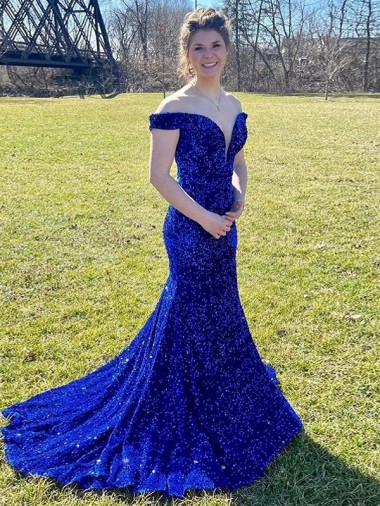 Bleu roi Fourreau Épaule Dénudée Balayage train Paillettes Velours Longue Robes de bal