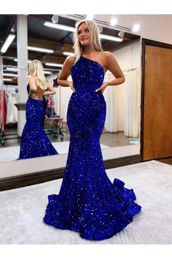 Bleu roi Sirène Balayage train Paillettes Velours Longue Robes de bal