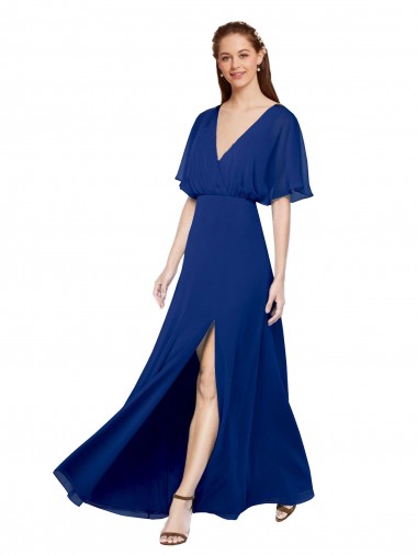 Bleu roi Trapèze Col V Mousseline Longue Robes demoiselle d'honneur