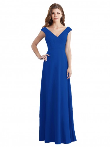 Bleu roi Trapèze Col V Mousseline Longue Robes demoiselle d'honneur
