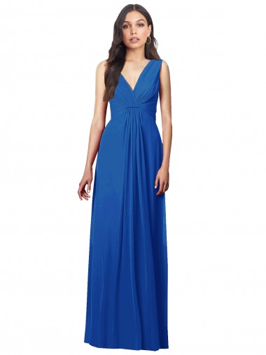 Bleu roi Trapèze Col V Mousseline Longue Robes demoiselle d'honneur