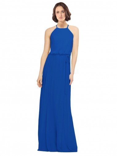 Bleu roi Trapèze Col bijou Mousseline Longue Robes demoiselle d'honneur
