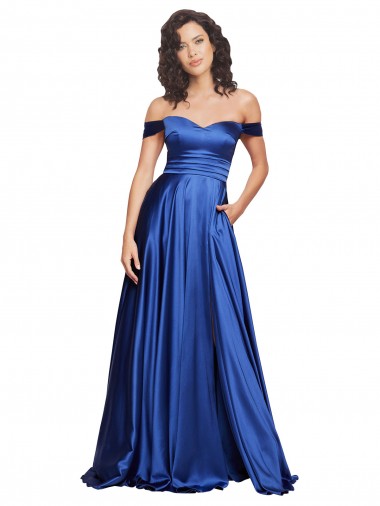 Bleu roi Trapèze Épaule Dénudée Balayage train Satiné Stretch Longue Formelles Robes demoiselle d'honneur / Robes de soirée / Robes de bal
