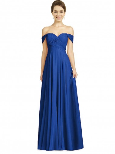 Bleu roi Trapèze Épaule Dénudée Mousseline Longue Robes demoiselle d'honneur