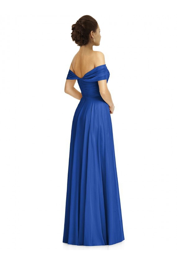Bleu roi Trapèze Épaule Dénudée Mousseline Longue Robes demoiselle d'honneur