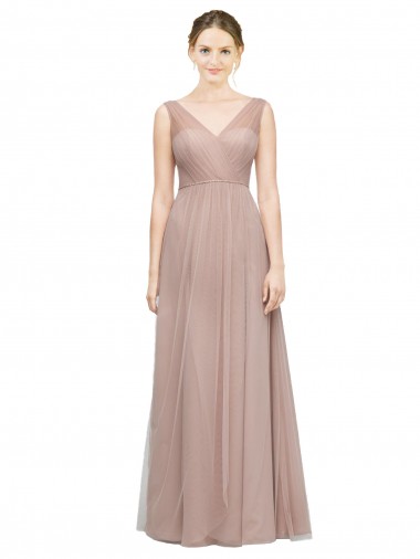 Blush Trapèze Col V Tulle Longue Robes demoiselle d'honneur