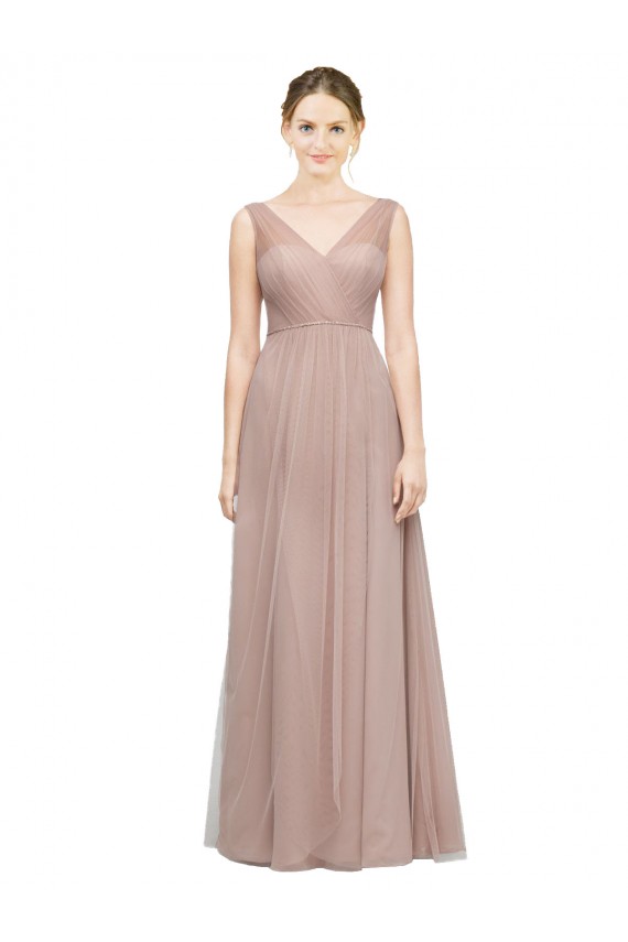 Blush Trapèze Col V Tulle Longue Robes demoiselle d'honneur