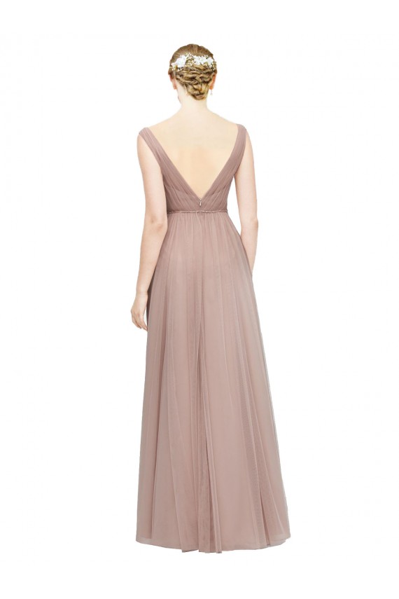 Blush Trapèze Col V Tulle Longue Robes demoiselle d'honneur