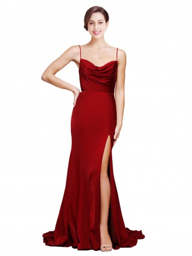 Bordeaux Fourreau Bretelles spaghetti Balayage train Satiné Stretch Longue Formelles Robes demoiselle d'honneur / Robes de soirée / Robes de bal