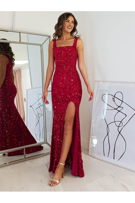 Bordeaux Fourreau Col Carré Paillettes Velours Longue Robes de bal