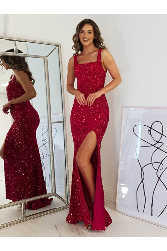 Bordeaux Fourreau Col Carré Paillettes Velours Longue Robes de bal