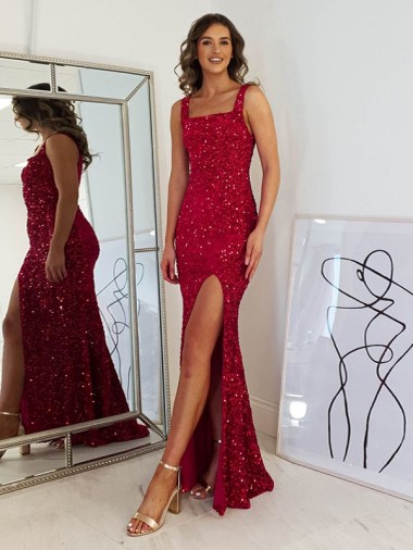 Bordeaux Fourreau Col Carré Paillettes Velours Longue Robes de bal