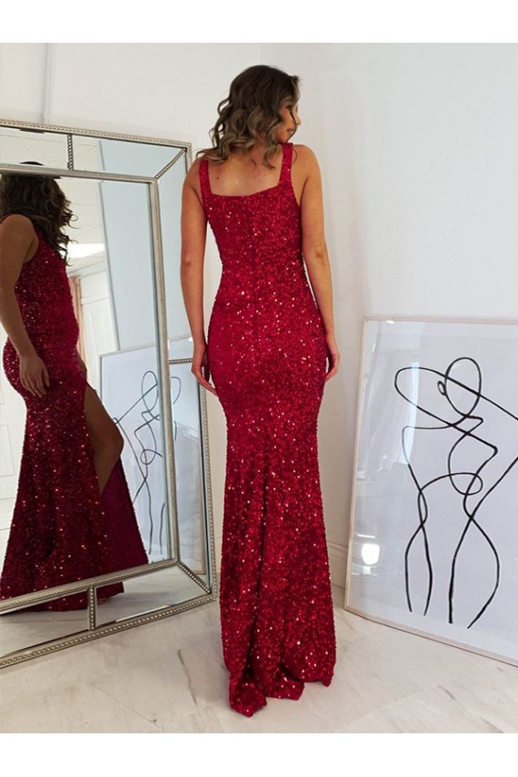 Bordeaux Fourreau Col Carré Paillettes Velours Longue Robes de bal
