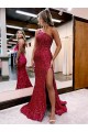 Bordeaux Sirène Balayage train Paillettes Velours Longue Robes de bal