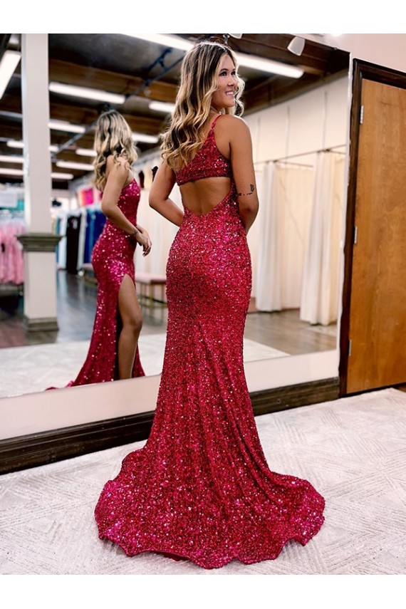 Bordeaux Sirène Balayage train Paillettes Velours Longue Robes de bal